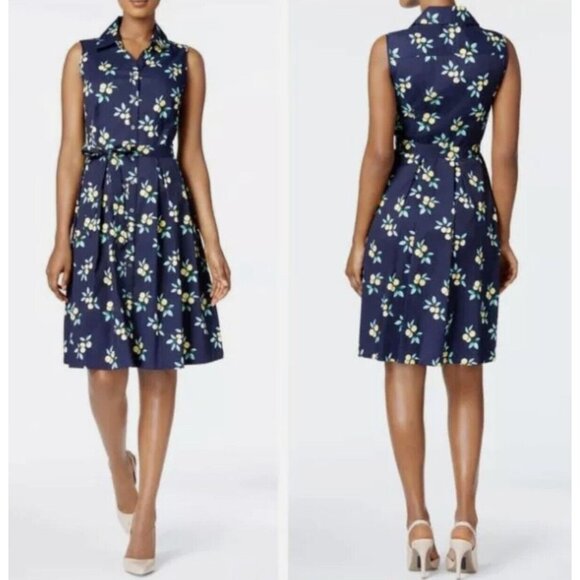 Charter Club Lemon Print Collared Button Down Shirt Dress Pleated Dark Blue Wome - Picture 2 of 6